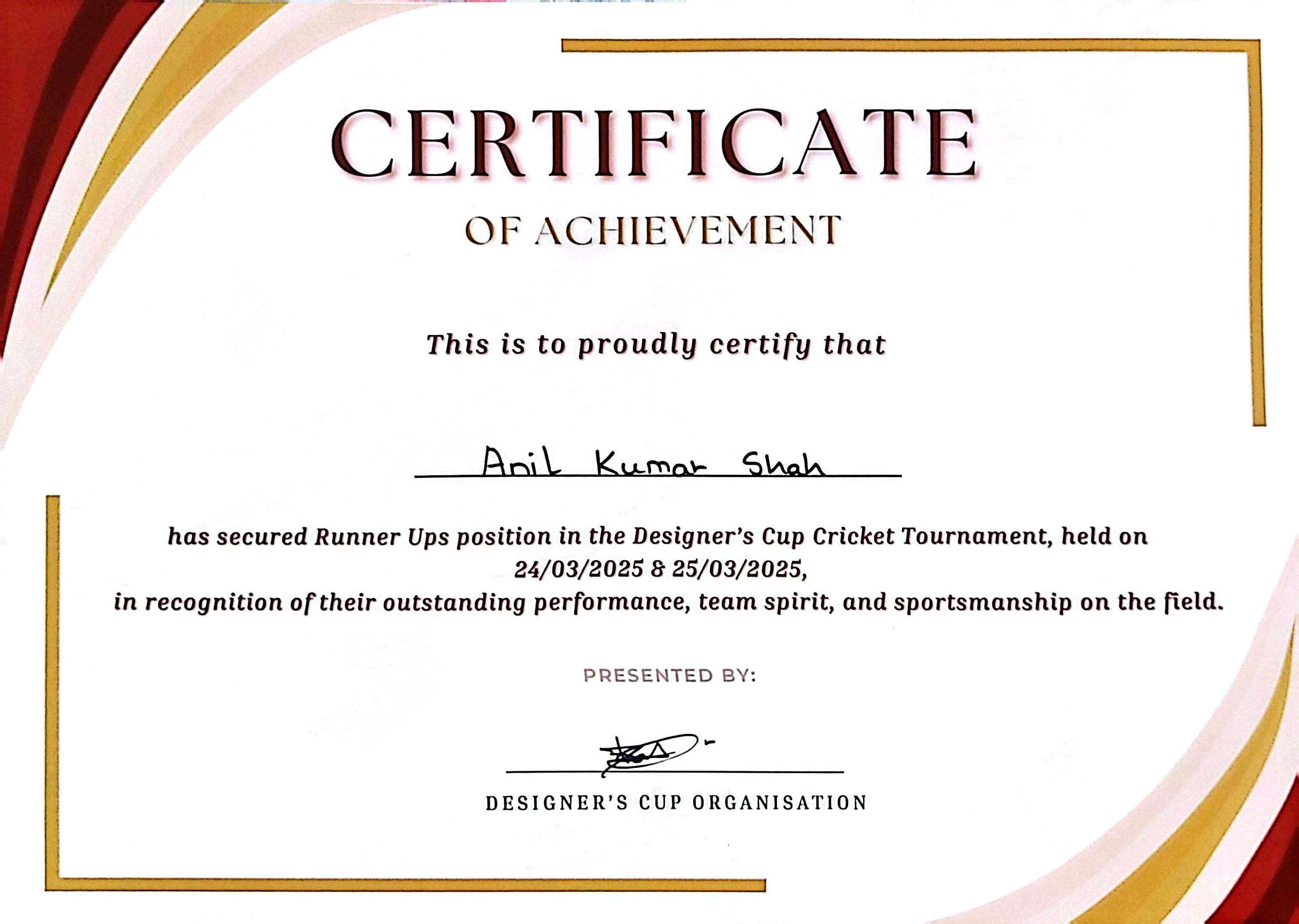 Cricket Runner Up Certificate