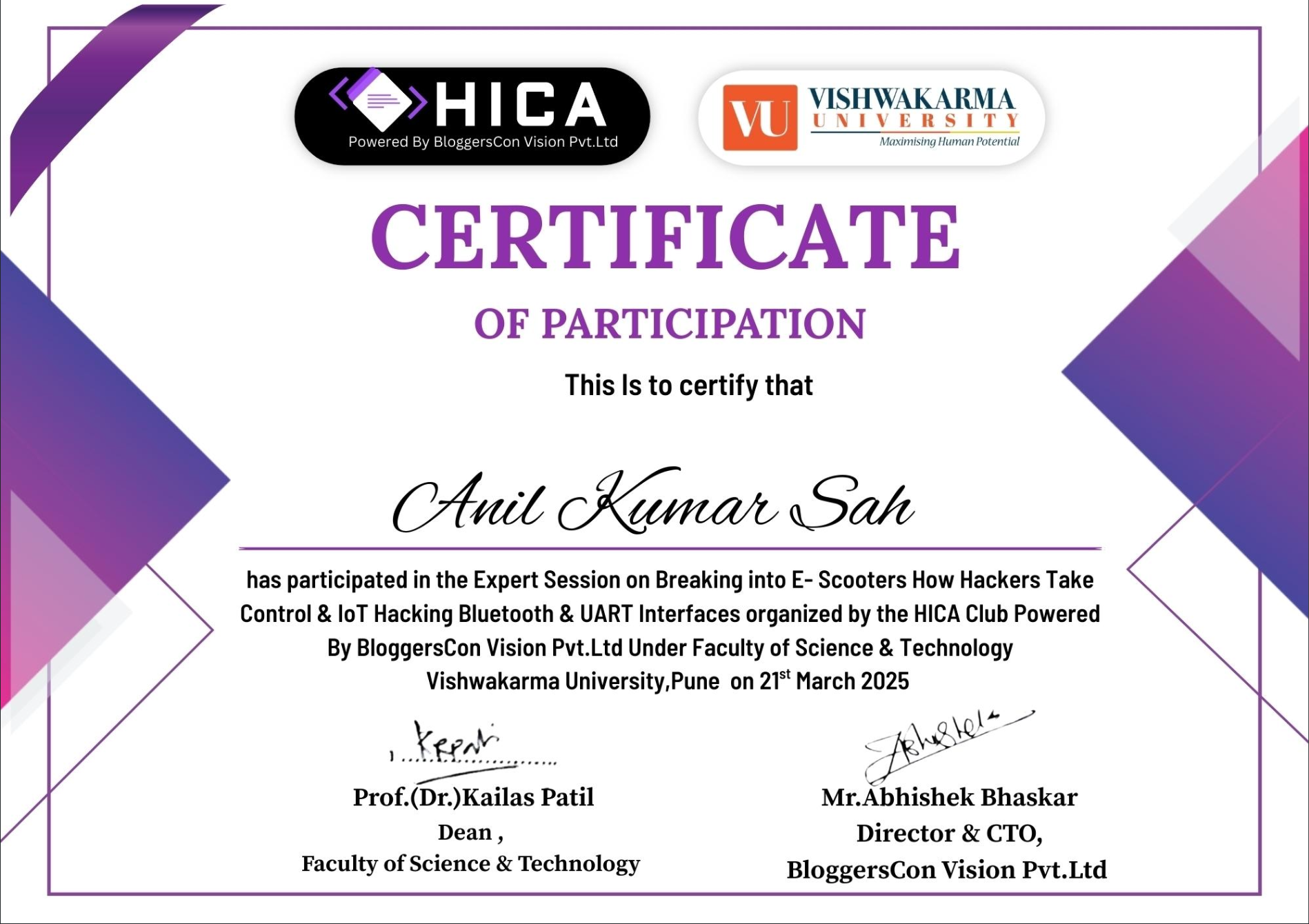 HICA Certificate