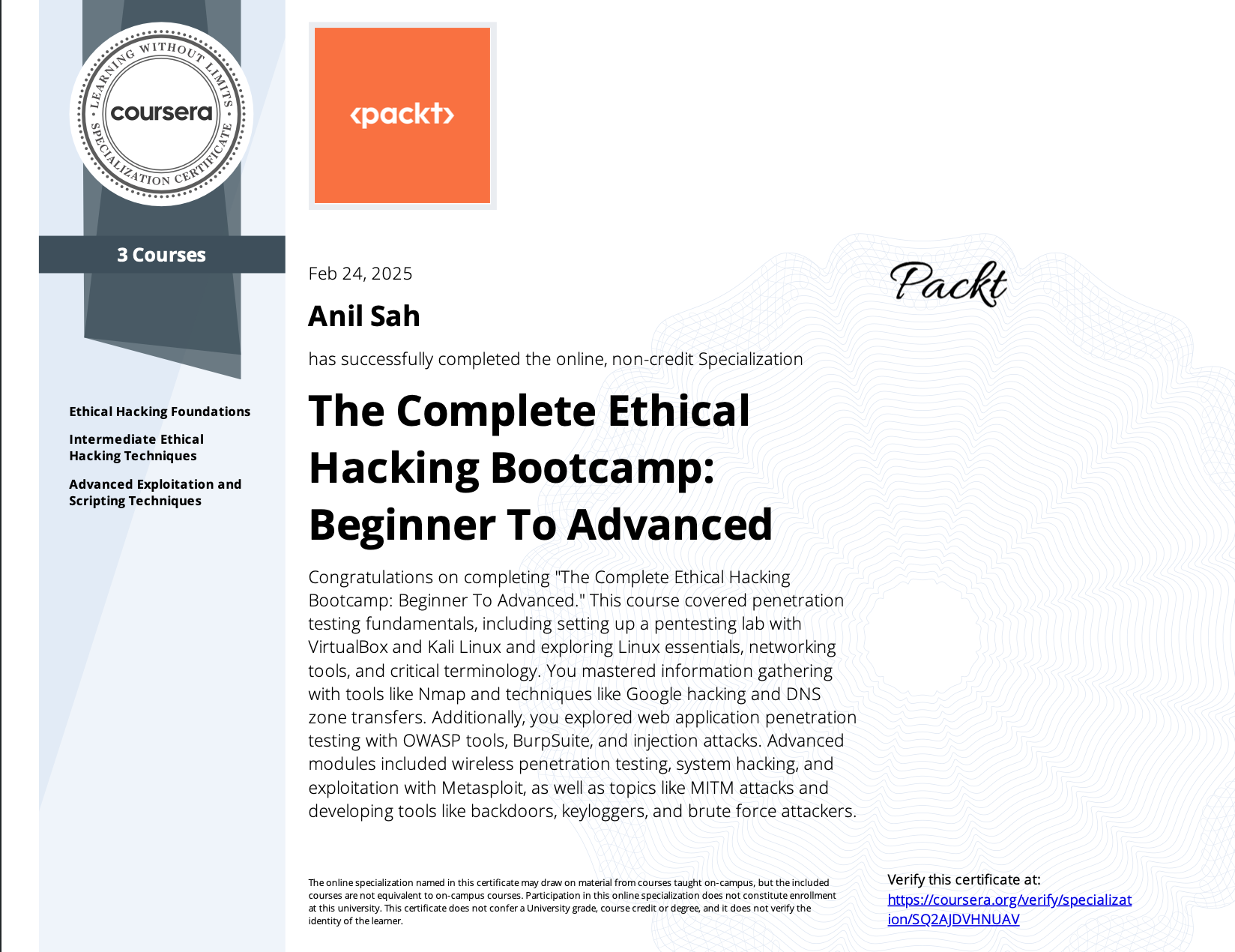 Ethical Hacking Bootcamp Certificate