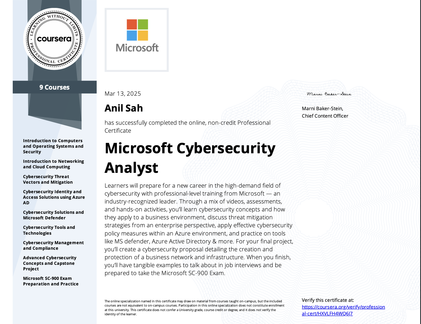 Microsoft Cybersecurity Analyst Certificate